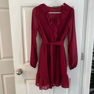 Burgundy Long Sleeve Ruffle Dress